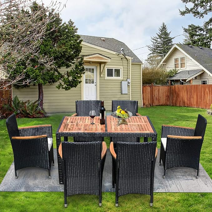 7-Piece Outdoor Dining Table Set with Acacia Wood TableTop and 6 Chairs, Rattan Wicker Patio Furniture for Garden Backyard Poolside, Onesize, Black