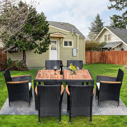 7-Piece Outdoor Dining Table Set with Acacia Wood TableTop and 6 Chairs, Rattan Wicker Patio Furniture for Garden Backyard Poolside, Onesize, Black