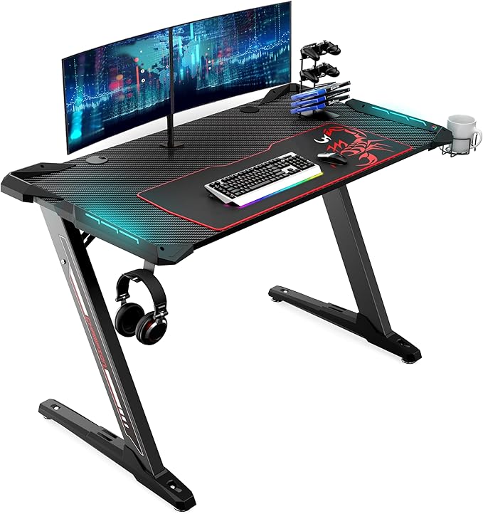 EUREKA ERGONOMIC Z1-S Pro Gaming Desk 44.5" Z Shaped Home Office PC Computer Desks Gamer Tables with LED Lights Controller Stand Cup Holder Headphone Hook Free Mousepad for Men Boyfriend Female Gift