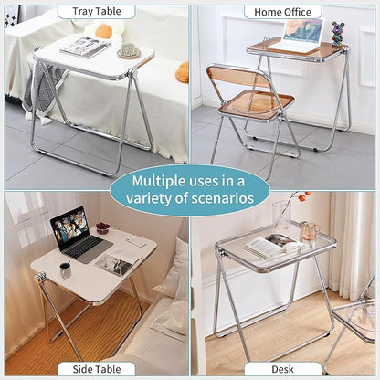 KAIHAOWIN Small Folding Table- Acrylic Morden TV Tray for Snack Dinner on Couch, Tiny Foldable Desk Writing Desk for Home Office for Small Spaces No Assembly Required
