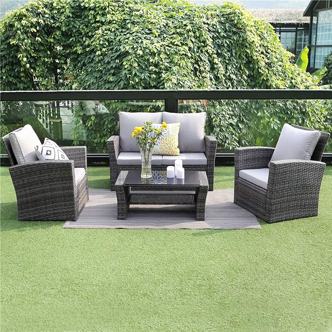 4 Piece Patio Furniture Sets, All-Weather Wicker Conversation Sets, Outdoor Rattan Sectional Sofa Chair with Cushions and Coffee Table for balcony, garden, backyard, Grey