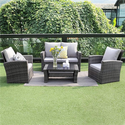 4 Piece Patio Furniture Sets, All-Weather Wicker Conversation Sets, Outdoor Rattan Sectional Sofa Chair with Cushions and Coffee Table for balcony, garden, backyard, Grey