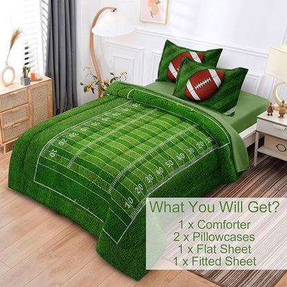 Football Comforter Set Full Size for Teen Boys, Kids Football Field Bedding Green Themed Bedroom Set with Sheets, Full Bed in a Bag Set