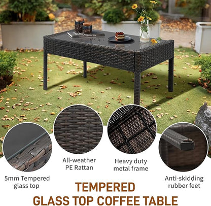 Outvita 4 Pieces Patio Furniture Set, Rattan Conversation Sets with Loveseat Soft Cushion and Glass Table for Garden Backyard Balcony Porch Poolside(Black)