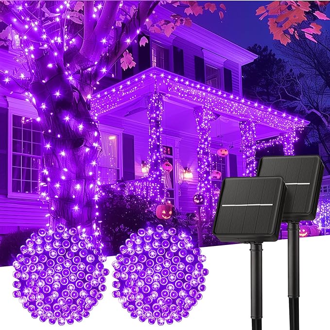 Minetom 2 Pack Solar Halloween Lights Outdoor, Total 80FT 200 LED Halloween String Lights with 8 Modes, Halloween Decoration Outdoor, Waterproof Solar String Lights for Outside Tree Yard Party, Purple