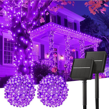 Minetom 2 Pack Solar Halloween Lights Outdoor, Total 80FT 200 LED Halloween String Lights with 8 Modes, Halloween Decoration Outdoor, Waterproof Solar String Lights for Outside Tree Yard Party, Purple