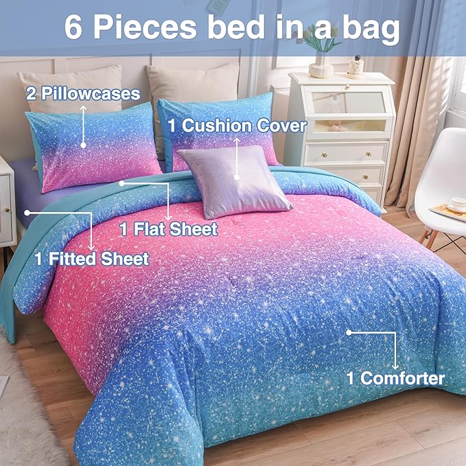 A Nice Night 6Pcs Gradient Glitter Bedding Set for Girls Queen Size, Colorful Rainbow Galaxy Comforter Set, Ultra Soft Bedding Sets, Blue