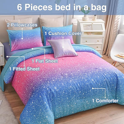 A Nice Night 6Pcs Gradient Glitter Bedding Set for Girls Twin Size, Colorful Rainbow Galaxy Comforter Set, Ultra Soft Bedding Sets, Blue