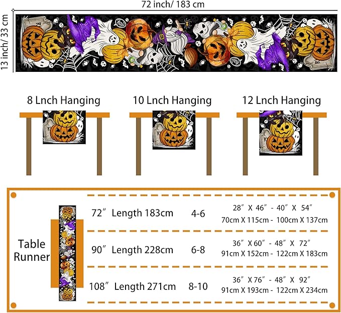 Halloween Table Runner Pumpkin Black Cat Halloween Table Runners 72 Inches Long Happy Halloween Boo Ghost Theme Decor for Kitchen Dining Table Home Party Decorations