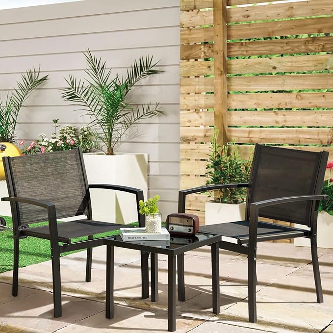 Greesum 3 Pieces Patio Furniture Outdoor Bistro Set Textilene Fabric Chairs for Lawn, Garden, Balcony, Poolside with A Glass Coffee Table, Black