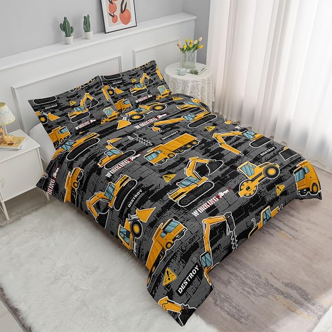 Datura home Kids Engineering Car Bedding Comforter Set Tractor Truck Printed Pattern with 1 and 2 Pillowcases for Boys Bedroom All Season(Truck2 Queen) Queen 90x90inches