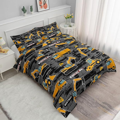 Datura home Kids Engineering Car Bedding Comforter Set Tractor Truck Printed Pattern with 1 and 2 Pillowcases for Boys Bedroom All Season(Truck2 Queen) Queen 90x90inches