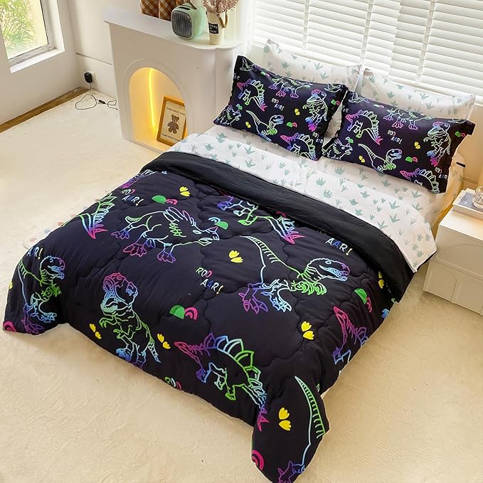 7 Piece Boys Dinosaur Comforter Bedding Set Bed in A Bag Full Size for Kid Girls Teens Dinosaurs Animal 3D Print Gradient Line Bedding Set with Comforter Sheet Set Pillowcase and Sham