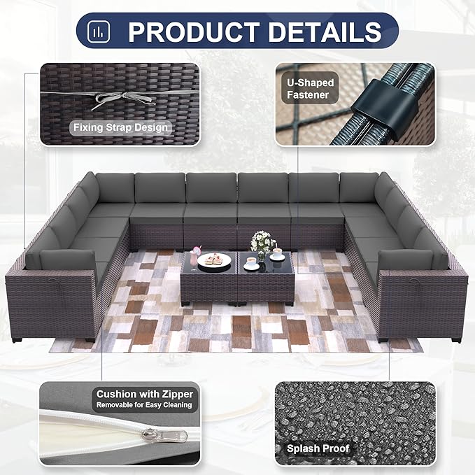 Patio Furniture Set 14-Pieces Outdoor Furniture for Backyard Wicker Sectional Sofa Set, Rattan Patio Conversation Set with Thickened Cushions and Glass Coffee Table, Grey