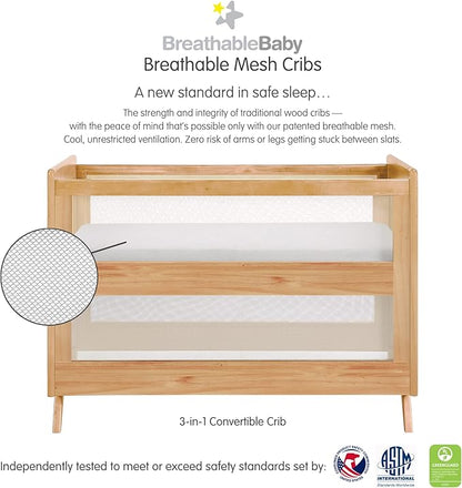 BreathableBaby Breathable Mesh 3-in-1 Convertible Crib (Toddler Bed Kit Sold Separately) — Beech — Two Adjustable Mattress Heights — Greenguard Gold Certified