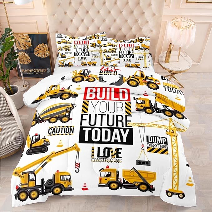 Construction Car Comforter Set Vehicles Truck Cars Twin Bedding Sets for Boys Cars Printed Quilt with Pillowcase for Teen Children Gift Bedroom Game Décor