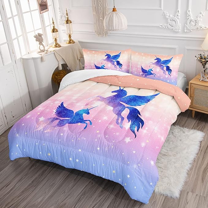 Datura home Bedding Comforter Set Starry Sky Unicorn Printed Pattern Quilt with 1 and 2 Pillowcases for Girls Bedroom All Season(Purple Queen) Queen 90x90inches