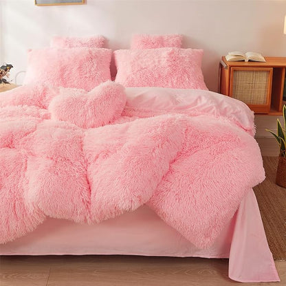 Fluffy comforters Cover twin size - Ultra Soft Plush pink bedding Sets 2 Pieces (1 faux fur comforter Cover + 1 fuzzy pillow case) girls shaggy Pink twin bed set (Light Pink, Twin)