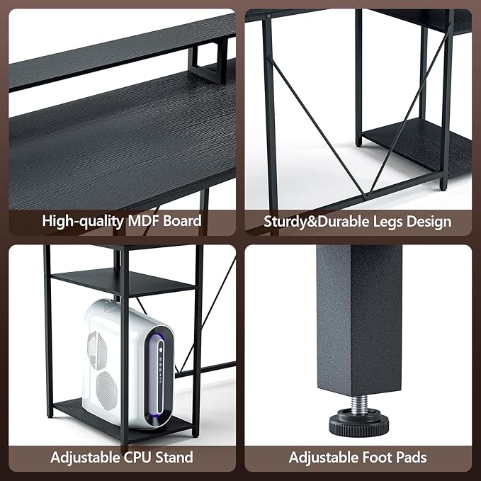 L Shaped Desk with Monitor Stand & Hutch, Computer Gaming Desk with LED Lights & Power Outlets, Home Office Coner Desk with Adjustable Storage Shelves, Black
