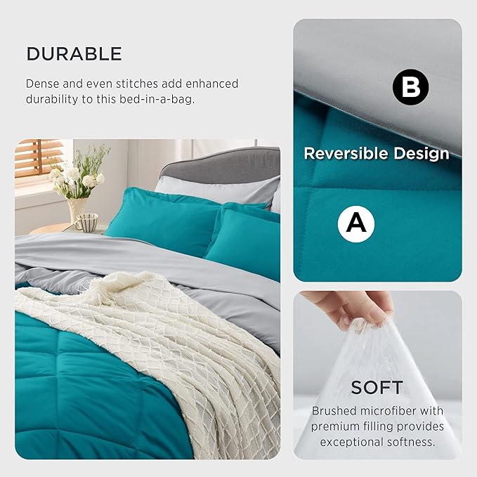 Bedsure Teal Queen Comforter Set - 7 Pieces Reversible Queen Bed in a Bag Queen Bed Set with Comforters, Sheets, Pillowcases & Shams, Queen Bedding Sets