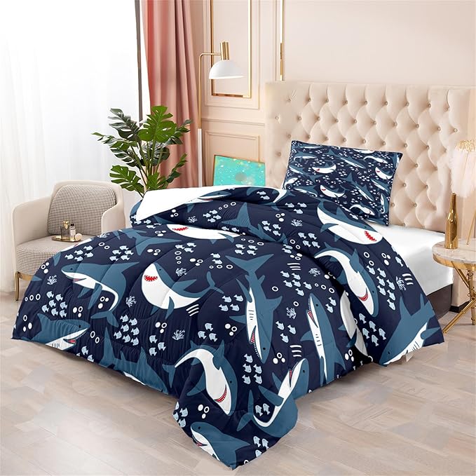 Shark Twin Comforter Set for Boys - 2Pcs Boys Sharks Bedding Set Twin Size Shark Print Comforter Set for Kids Boys Sea Animals Pattern Bedding Set for Bedroom, 1 Comforter with 1 Pillowcases