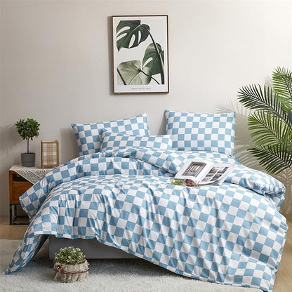 Wellboo Blue White Plaid Comforter Sets Twin Women Men Light Blue and White Checkerboard Grid Bedding Comforters Cotton Boys Girls Modern Dusty Blue Checkered Geometric Quilts Luxury Sky Blue Bed