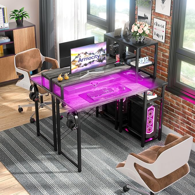 armocity 2024 Upgrade Gaming Desk with LED Lights, Small Computer Desk with Long Monitor Stand, 40'' Reversible Laptop Table with Storage Shelves, Small Desk for Small Spaces, Gaming Room, Grey
