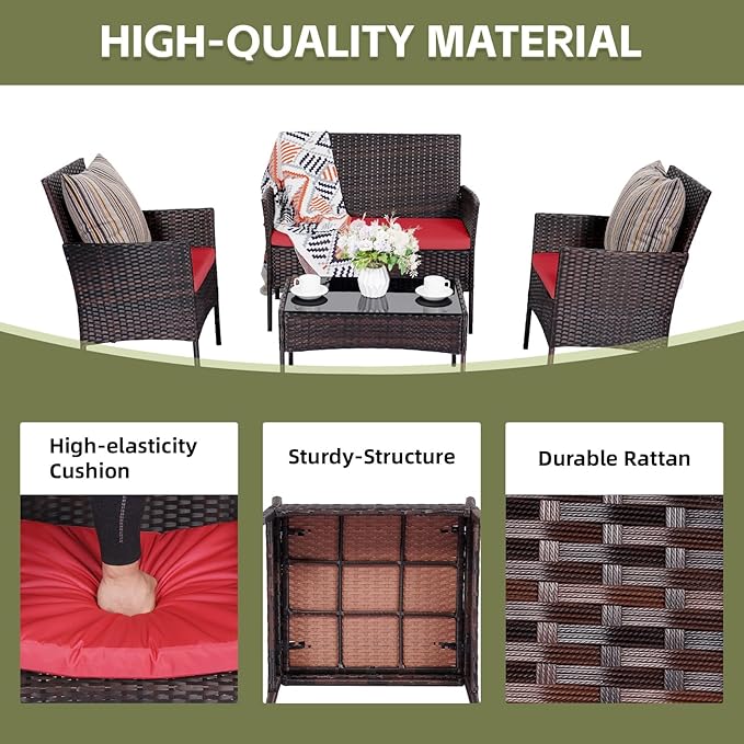 Patio Furniture Set 4 Pieces Conversation Sets Outdoor Wicker Rattan Chairs Garden Backyard Balcony Porch Poolside Loveseat with Soft Cushion and Tempered Glass Table(Brown/Red)