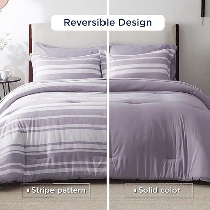 Bedsure Bed in a Bag King Size 7 Pieces, Purple White Striped Bedding Comforter Sets All Season Bed Set, 2 Pillow Shams, Flat Sheet, Fitted Sheet and 2 Pillowcases