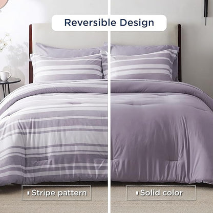 Bedsure Bed in a Bag Full Size 7 Pieces, Purple White Striped Bedding Comforter Sets All Season Bed Set, 2 Pillow Shams, Flat Sheet, Fitted Sheet and 2 Pillowcases