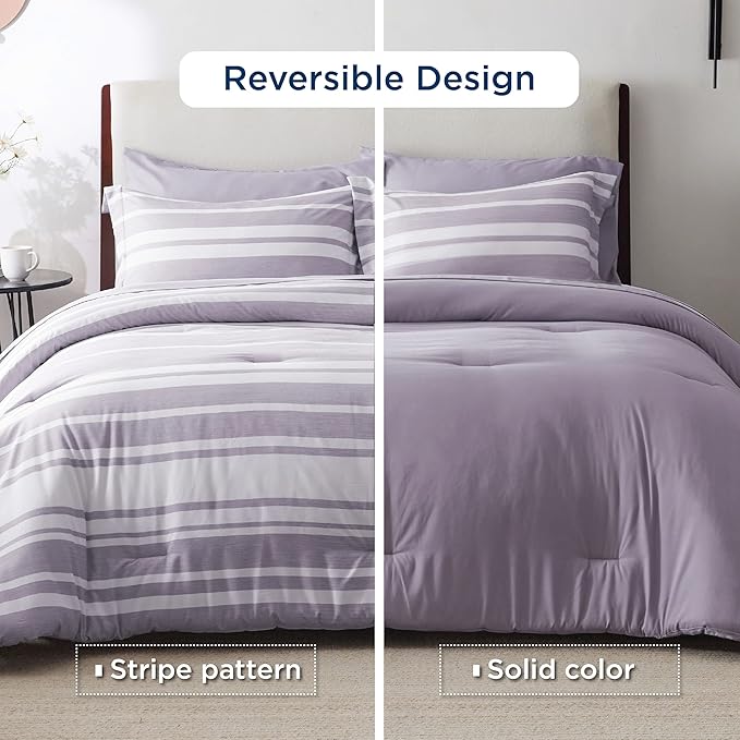 Bedsure Bed in a Bag Queen Size 7 Pieces, Purple White Striped Bedding Comforter Sets All Season Bed Set, 2 Pillow Shams, Flat Sheet, Fitted Sheet and 2 Pillowcases