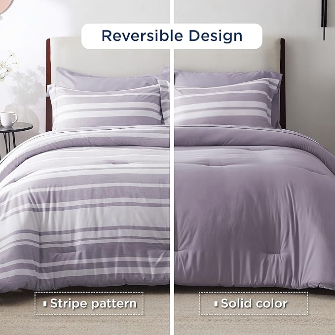 Bedsure Bed in a Bag California King Size 7 Pieces, Purple White Striped Bedding Comforter Sets All Season Bed Set, 2 Pillow Shams, Flat Sheet, Fitted Sheet and 2 Pillowcases