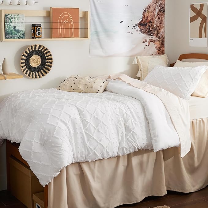 Bedsure Twin XL Comforter Set - White Twin Extra Long Comforter Set for College, Shabby Chic Dorm Bedding Set, 2 Pieces Boho Farmhouse Bed Set, includes 1 Pillow Sham