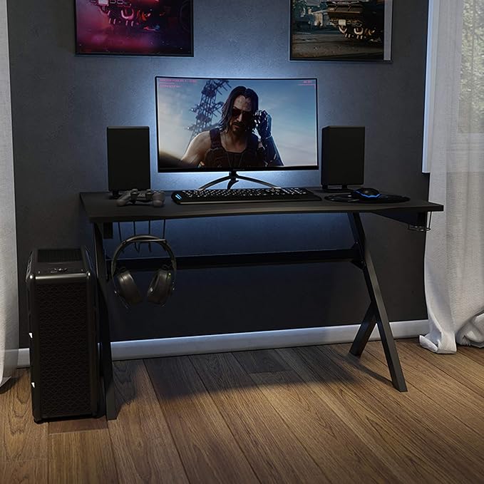 Flash Furniture Duncan Gaming Desk 45.25" x 29" Computer Table Gamer Workstation with Headphone Holder and 2 Cable Management Holes, Set of 1,Black