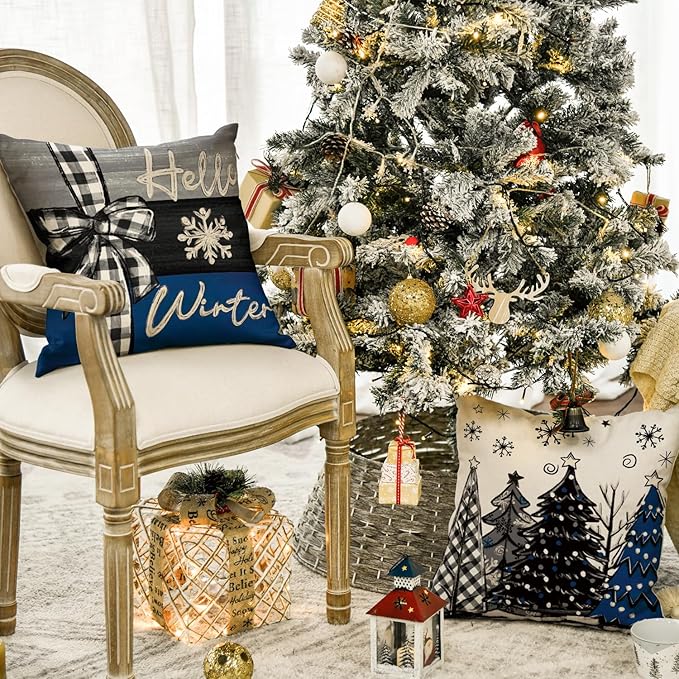AVOIN colorlife Merry Christmas Joy Xmas Trees Blue and Black Throw Pillow Covers, 20 x 20 Inch Christmas Winter Holiday Cushion Case Decoration for Sofa Couch Set of 4