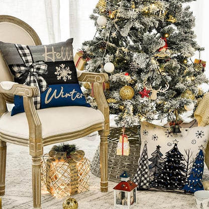 AVOIN colorlife Merry Christmas Joy Xmas Trees Blue and Black Throw Pillow Covers, 20 x 20 Inch Christmas Winter Holiday Cushion Case Decoration for Sofa Couch Set of 4