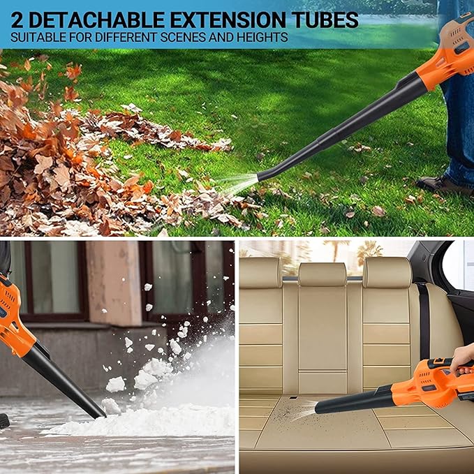 20V Cordless Leaf Blower with Battery and Charger, Leaf Blower Battery Operated, Rechargeable Electric Handheld Leaf Blower Variable Speed with 2 Tubes for Patio, Leaves Blowing-Orange