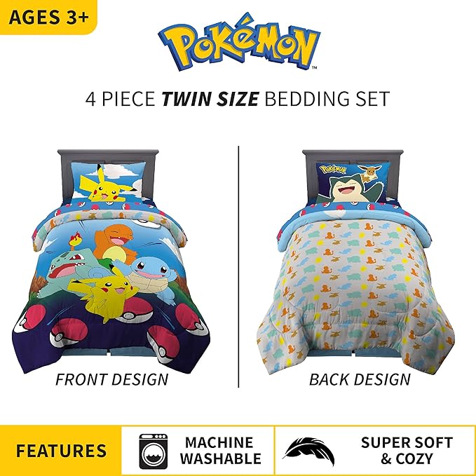 Franco Kids Bedding Super Soft Comforter and Sheet Set, 4 Piece Twin Size, Pokemon (Prints May vary)