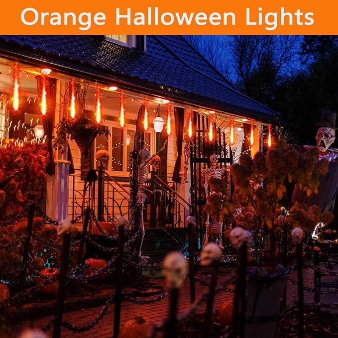 Halloween Decorations Outside, Kwaiffeo Waterproof Orange Meteor Shower Lights for Halloween Decorations Outdoor, 8-Tube Falling Rain Lights for Fall Decor Autumn Decoration Thanksgiving Yard, UL Plug
