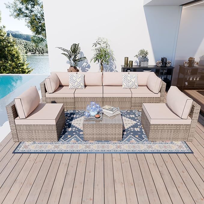 Shintenchi 7 Pieces Outdoor Patio Sectional Sofa Couch,Natural PE Wicker Furniture Conversation Sets with Washable Cushions & Glass Coffee Table for Garden, Poolside, Backyard (Khaki)