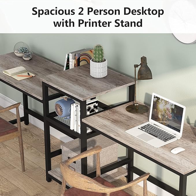 Tribesigns Extra Long Two Person Desk with Storage Shelves, 96.9 inch Double Computer Desks with Printer Shelf for 2 People, Rustic Writing Desk Workstation for Home Office