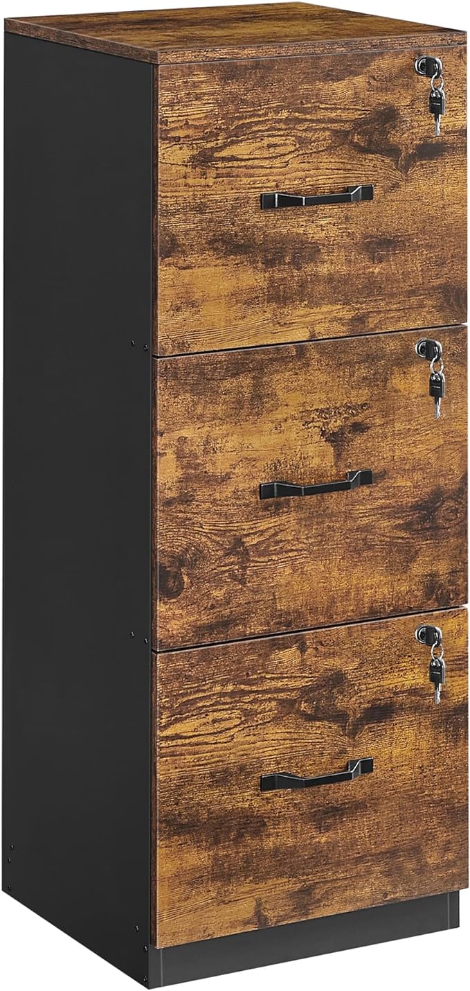 VASAGLE 3-Drawer Vertical File Cabinet, Filing Cabinet for Home Office, Printer Stand, with 3 Lockable Drawers, Adjustable Hanging Rail, for A4 and Letter-Size Files, Rustic Brown and Black UOFC055B01