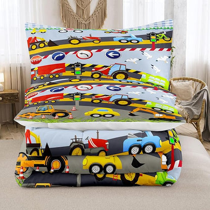 Tailor Shop Construction Vehicle Truck Comforter Set King Size，Cartoon Excavator Bedding Sets Comforter Cover for Boys Childs Kids Teens ，Tractor Mixer Room Decor with 1 Comforter 2 Pillowcases