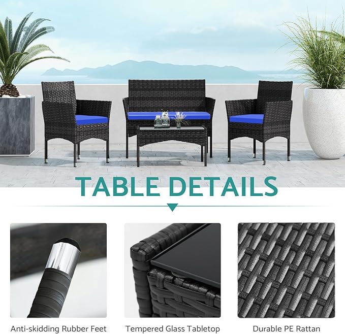Patio Furniture, 4 Piece Conversation Set, Outdoor Wicker Rattan Table and Chairs, Sectional Sofa with Thick Cushion for Garden, Yard, or Porch, Dark Brown