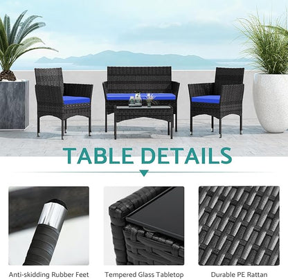 Patio Furniture, 4 Piece Conversation Set, Outdoor Wicker Rattan Table and Chairs, Sectional Sofa with Thick Cushion for Garden, Yard, or Porch, Dark Brown