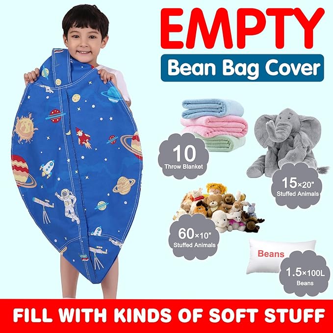 Lukeight Stuffed Animal Storage Bean Bag Chair Cover for Kids, Zipper Beanbag Chair Cover for Organizing Toddler & Kids' Rooms Plush Toys (Outer Space, Large)
