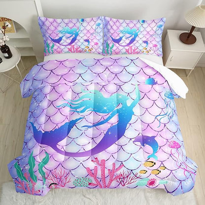 CVHOUSE Mermaid Comforter Set,Rainbow Mermaid Bedding Set for Girls Kids Teens,Rainbow Mermaid Comforter Mermaid Duvet Set Room Decor Quilt Set Full Size