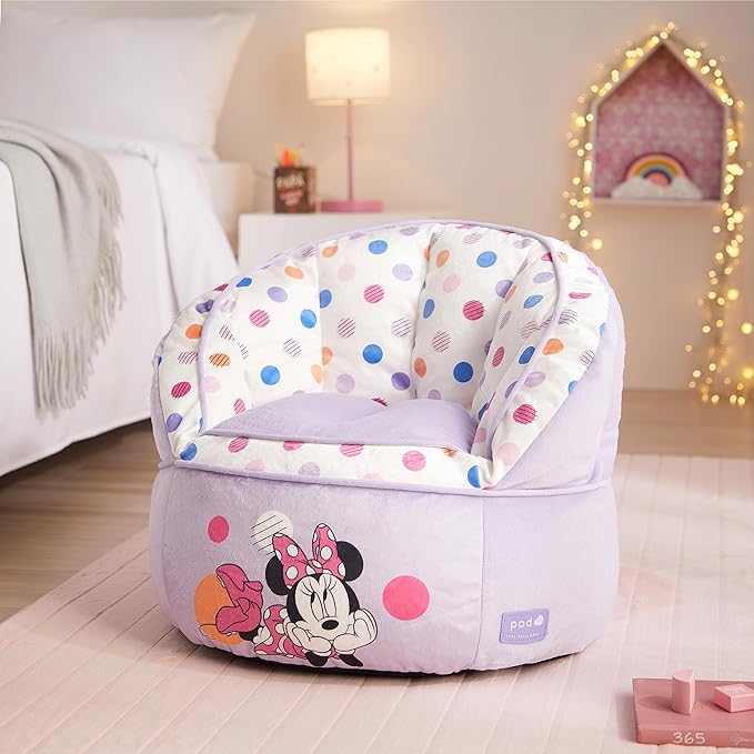 Idea Nuova Disney Minnie Mouse Purple with Polka Dots Round Bean Bag Chair for Kids, Ages 3+, Large