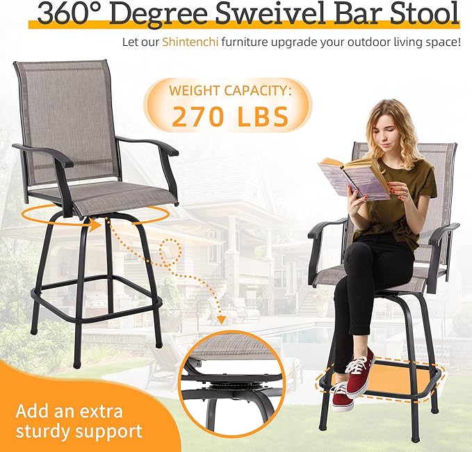 Shintenchi 4 Piece Outdoor Swivel Bar Stools, Patio Height Top Bar Stools Chairs Set of 4, All-Weather Textile Patio Bistro Bar high Chairs Set with High Back, Armrest for Lawn, Garden, Deck