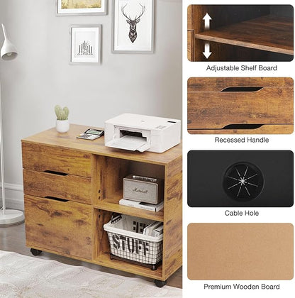 Sweetcrispy 3-Drawer File Cabinet, Lateral Mobile Filing Cabinet Wood Under Desk Storage Organizer with Wheels, Printer Stand & Open Shelves for Home Office Organization - Rustic Brown
